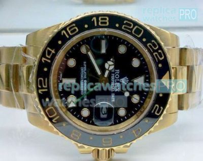 Copy Rolex GMT-Master II Black Dial Black Ceramic Bezel Gold Case Watch